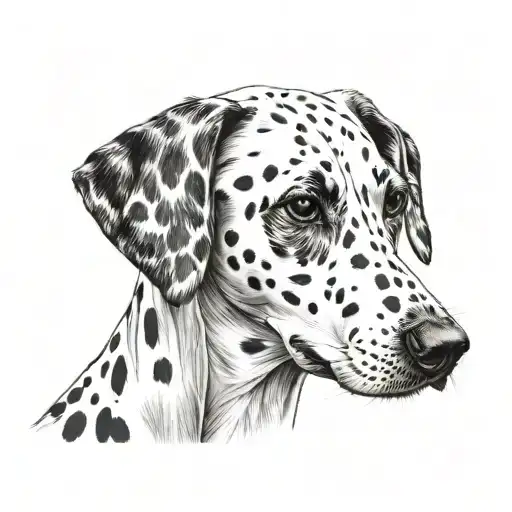 Dalmatian with solid black left ear. include carrots and trees tattoo design idea