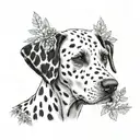 Dalmatian with solid black left ear. include carrots and trees tattoo design idea