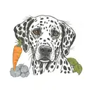 Dalmatian with solid black left ear. include carrots and trees tattoo design idea