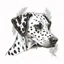 Dalmatian with solid black left ear. include carrots and trees tattoo design idea