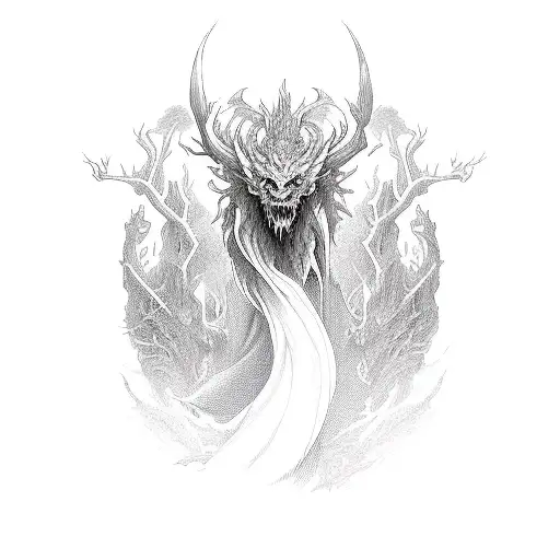 A hauntingly beautiful lyshen creature emerging from a dark forest with dragon above tattoo design idea