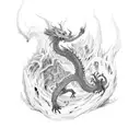 A hauntingly beautiful lyshen creature emerging from a dark forest with dragon above tattoo design idea