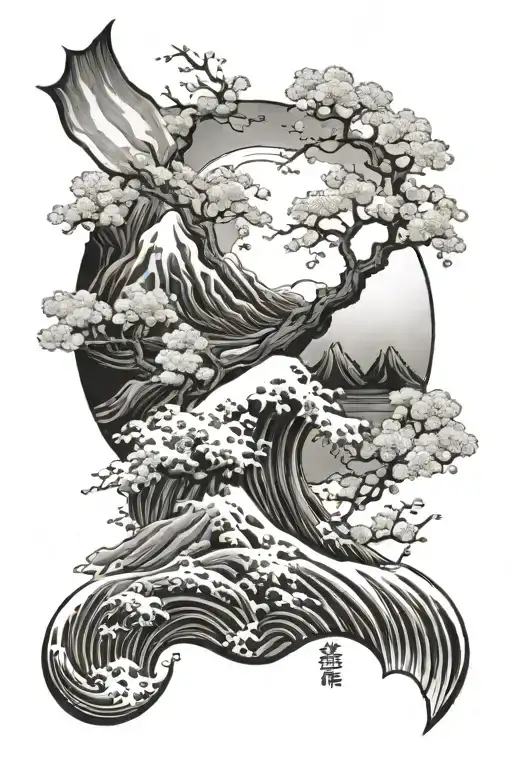 Hokusai wave and mountain peak and sakura blossom tree tattoo design idea