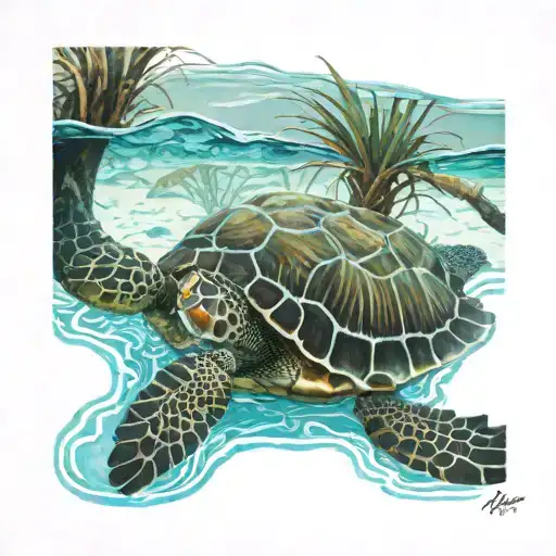 A serene turtle swimming among palm tree roots in crystal clear water tattoo design idea