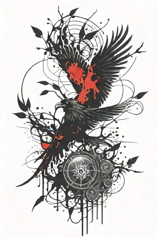 dark, horror, demonic, gothic forearm tattoo. the tattoo is black with red deatails. centered is a low detailed raven  tattoo design idea