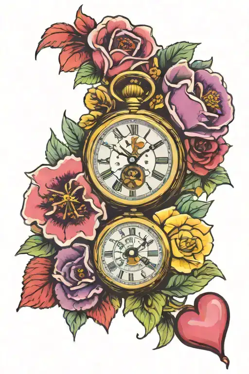 Primrose and Violet Flowers with Heart Shaped Pocket Watch with Time Set to 1:13 Amelia in the Pocket Watch tattoo design idea