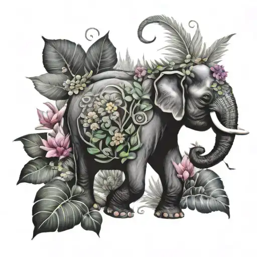 A majestic Thai elephant surrounded by lush tropical foliage and vibrant flowers with a waterfall in the background tattoo design idea