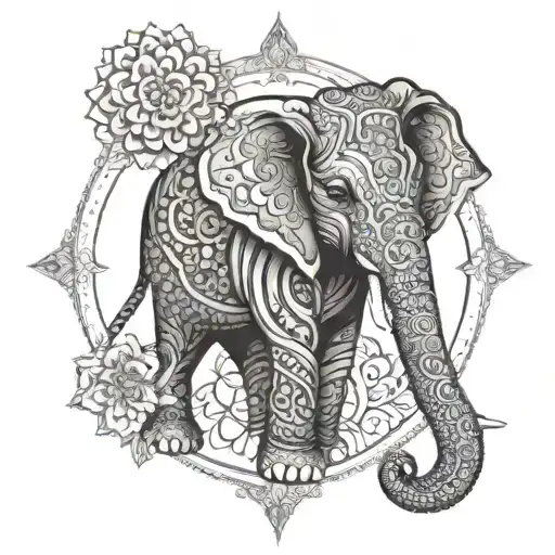 An intricate mandala design incorporating elements of Thai culture and elephants tattoo design idea