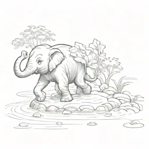 A whimsical scene of a baby elephant playing in a serene Thai river tattoo design idea