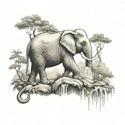 A Thai elephant with a waterfall and trees in the background tattoo design idea