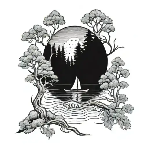 canoe going down river trees tattoo design idea