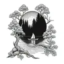 canoe going down river trees tattoo design idea