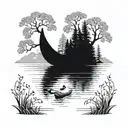 canoe going down river trees tattoo design idea
