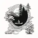 canoe going down river trees tattoo design idea