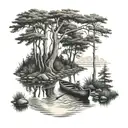 canoe going down river trees tattoo design idea
