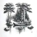 canoe going down river trees tattoo design idea