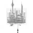Blueprint of a city skyline with construction cranes tattoo design idea