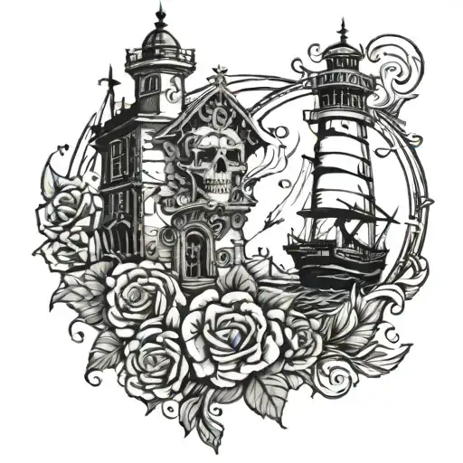 A mystical lighthouse surrounded by roses and skulls, with a ghostly pirate ship in the background tattoo design idea