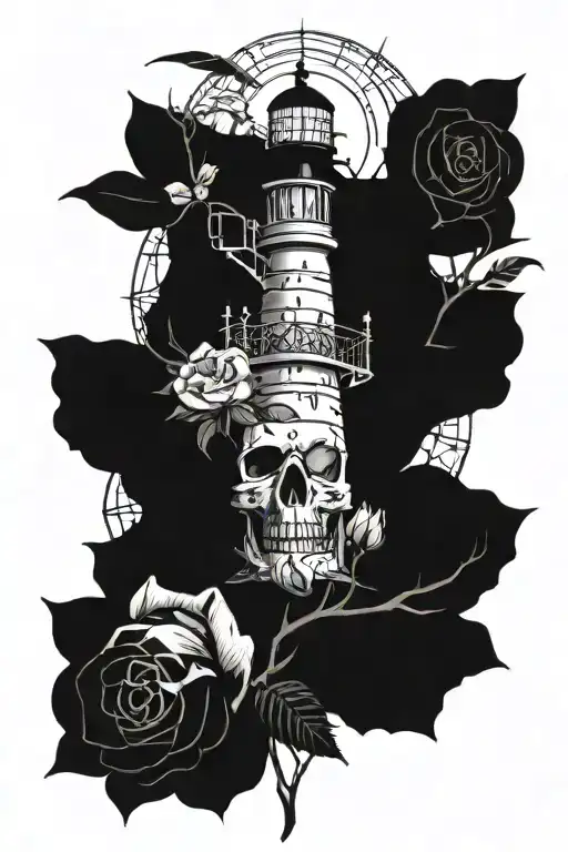 A mystical lighthouse surrounded by roses and skulls, with a ghostly pirate ship in the background tattoo design idea