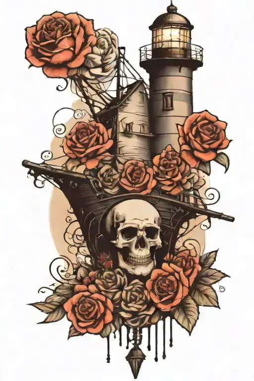 A mystical lighthouse surrounded by roses and skulls, with a ghostly pirate ship in the background tattoo design idea