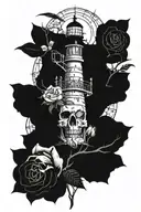 A mystical lighthouse surrounded by roses and skulls, with a ghostly pirate ship in the background tattoo design idea