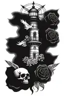 A mystical lighthouse surrounded by roses and skulls, with a ghostly pirate ship in the background tattoo design idea