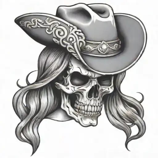 cowgirl skull with hat hand making shhh you're dreaming tattoo design idea