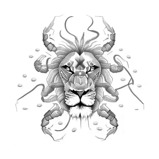 lion contre un scorpion avec une volute de fumée  tattoo design idea