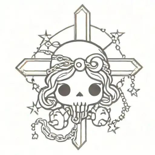 design a kawaii art tattoo with chains, holy cross, Kuromi, and a small cute skull, with small cute stars around the tat tattoo design idea