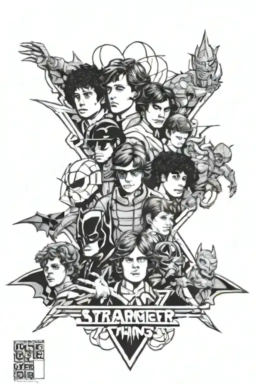 stranger things, batman, star wars, and spiderman sleeve tattoo design idea