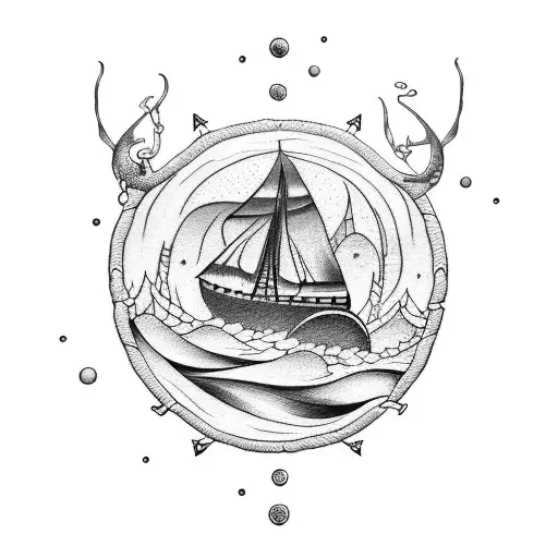 A dotwork tattoo of a Viking ship sailing through stormy waters, with mythical sea creatures like mermaids and sea serpents tattoo design idea