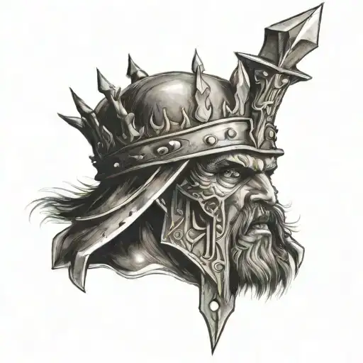 war wearing a crown with a halberd  tattoo design idea
