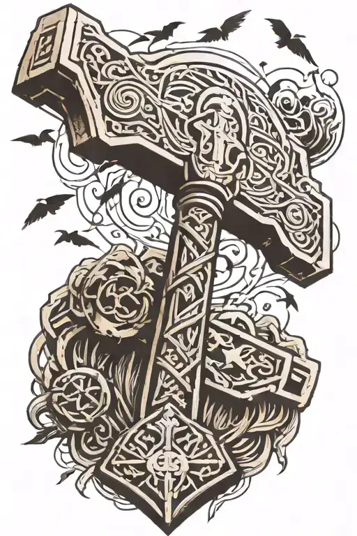 thor hammer ingraved with Runes and crows flying tattoo design idea