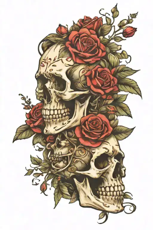 skull and roses and australian native flowers intertwined tattoo design idea