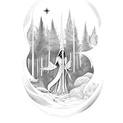 Incorporate the imagery of the High Priestess tarot card into a mystical forest scene tattoo design idea