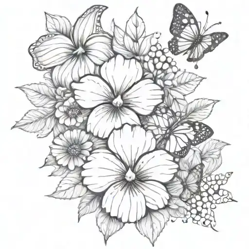 pansy flower, daisies and sunflowers and butterflies tattoo design idea