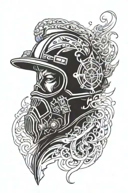 fire helmet and mask merged tattoo design idea