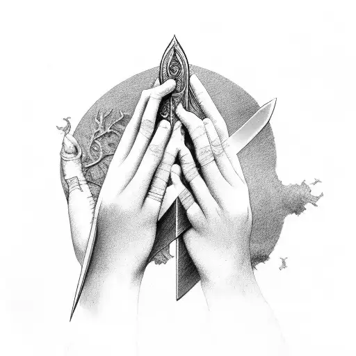 fragile women's hands hold a halved sword tattoo design idea
