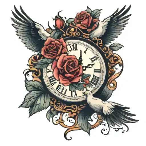 an clock with roses around with an dove flying away tattoo design idea
