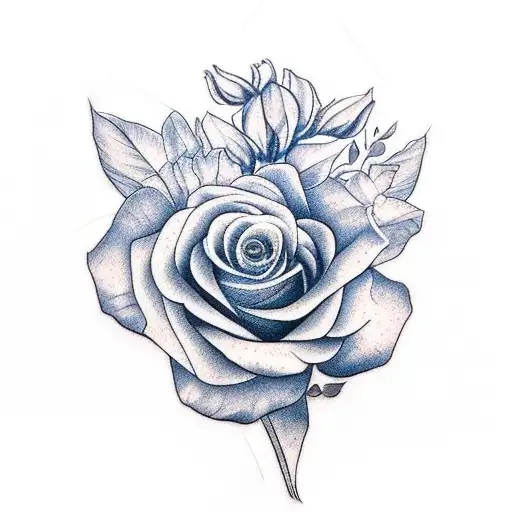 big red rose with sunflowers to the right, blue tulips on the bottom left, and lilacs on the bottom right, with ribbon tattoo design idea