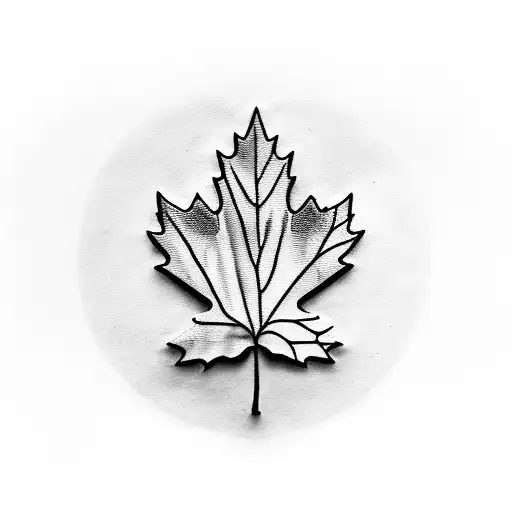A blackwork tattoo of a dog peeking out from behind a Canadian maple leaf tattoo design idea