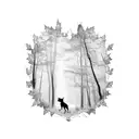 A trail winding through a Canadian maple leaf forest with a silhouette of a dog hiking alongside tattoo design idea
