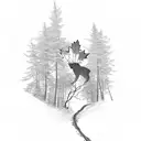 A trail winding through a Canadian maple leaf forest with a silhouette of a dog hiking alongside tattoo design idea