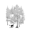 A trail winding through a Canadian maple leaf forest with a silhouette of a dog hiking alongside tattoo design idea