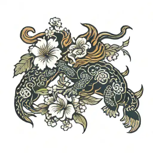 Gemini zodiac sign intertwined with Japanese flower tattoo design idea
