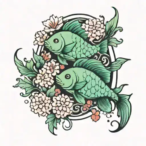 Gemini zodiac sign surrounded by Japanese coral fish  tattoo design idea
