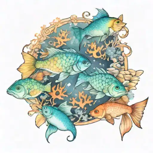 Gemini zodiac sign surrounded by Japanese coral fish  tattoo design idea