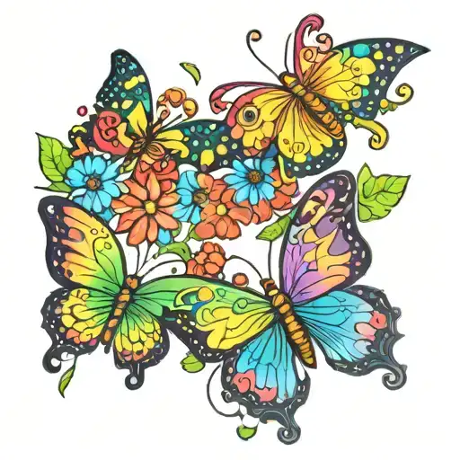 A rainbow colors of butterflies with colorful flowers and hearts, symbolizing love  tattoo design idea