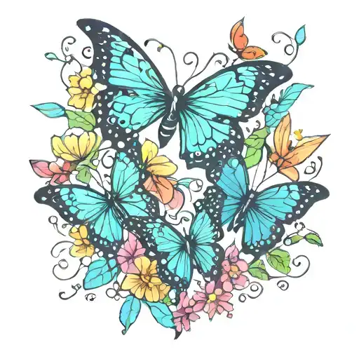 A vibrant color palette and butterflies with colorful flowers forming a heart shape, symbolizing love  tattoo design idea