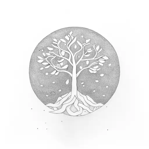 a circle containing a tree whose leaves in the upper right fly away to turn into dust which joins the circle tattoo design idea